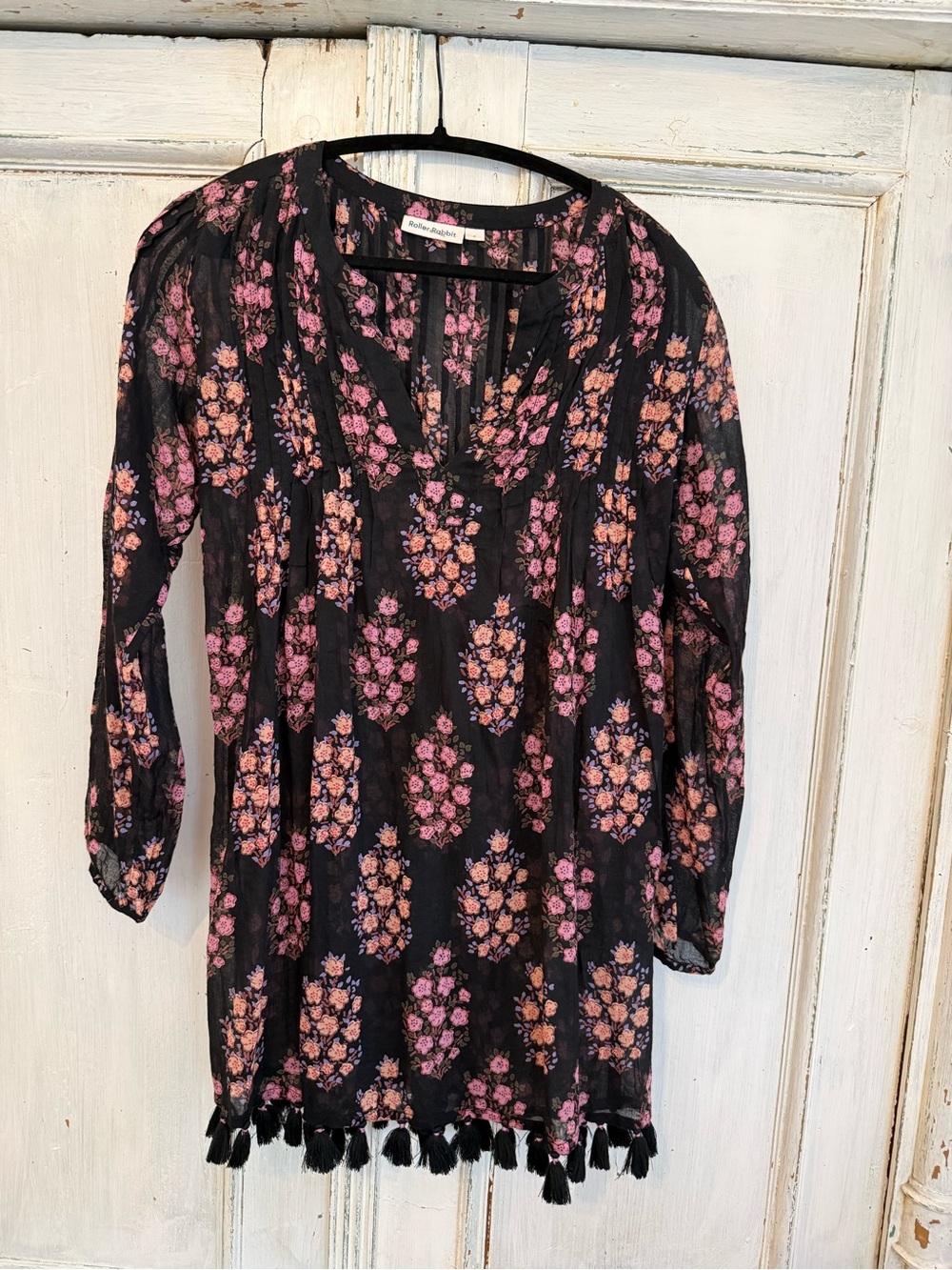 Roller Rabbit Black Floral Tassel Tunic Top in Pink & Peach. Size Small.